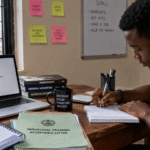 image of a focused Nigerian final-year university student sitting at a desk in a hostel or study room, preparing for graduation with a laptop showing a final-year checklist, NYSC documents, SIWES logbook, notebooks, and career planning notes visible.