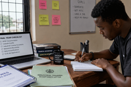 image of a focused Nigerian final-year university student sitting at a desk in a hostel or study room, preparing for graduation with a laptop showing a final-year checklist, NYSC documents, SIWES logbook, notebooks, and career planning notes visible.