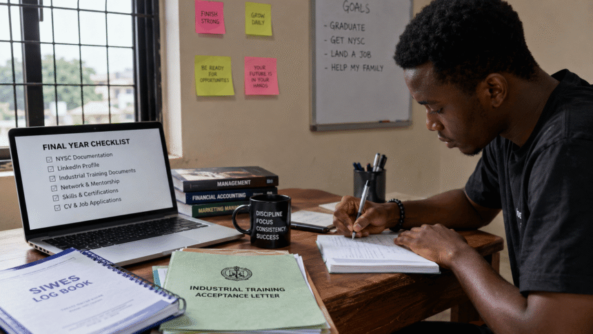 image of a focused Nigerian final-year university student sitting at a desk in a hostel or study room, preparing for graduation with a laptop showing a final-year checklist, NYSC documents, SIWES logbook, notebooks, and career planning notes visible.