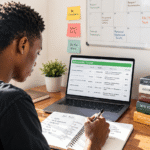 Young Nigerian student studying for fully funded scholarship applications at a bright desk with a laptop, notebook, scholarship tracker, and motivational study notes in a realistic sunlit workspace.