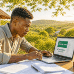 A young African student urgently applying for scholarships on his laptop outdoors before June deadlines close, with documents spread across his desk in warm golden light.