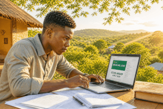 A young African student urgently applying for scholarships on his laptop outdoors before June deadlines close, with documents spread across his desk in warm golden light.