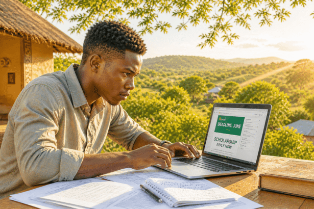 A young African student urgently applying for scholarships on his laptop outdoors before June deadlines close, with documents spread across his desk in warm golden light.
