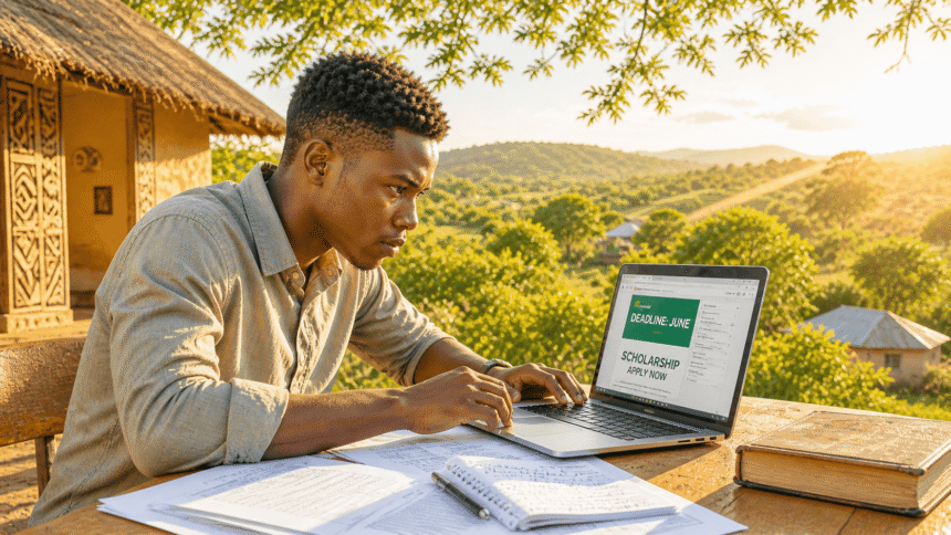 A young African student urgently applying for scholarships on his laptop outdoors before June deadlines close, with documents spread across his desk in warm golden light.