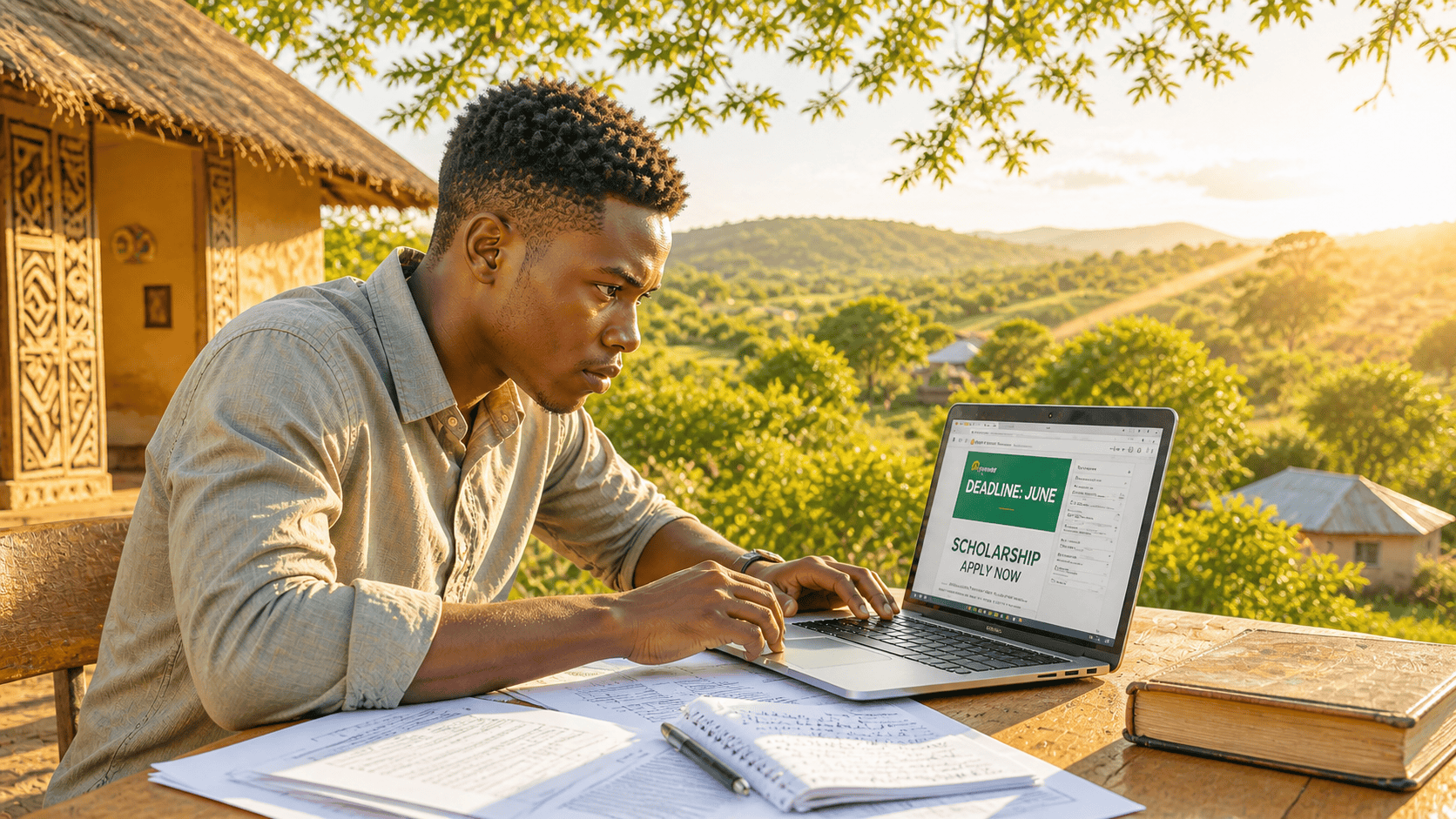 A young African student urgently applying for scholarships on his laptop outdoors before June deadlines close, with documents spread across his desk in warm golden light.
