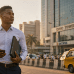 A determined young Nigerian student holding an internship application folder in a sunny Lagos street with a corporate building in the background.