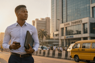 A determined young Nigerian student holding an internship application folder in a sunny Lagos street with a corporate building in the background.