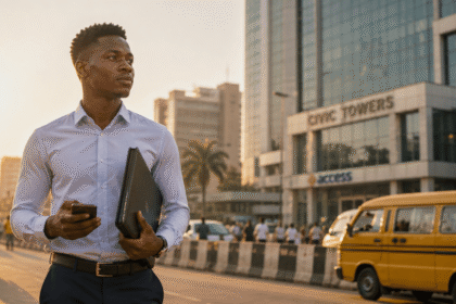 A determined young Nigerian student holding an internship application folder in a sunny Lagos street with a corporate building in the background.