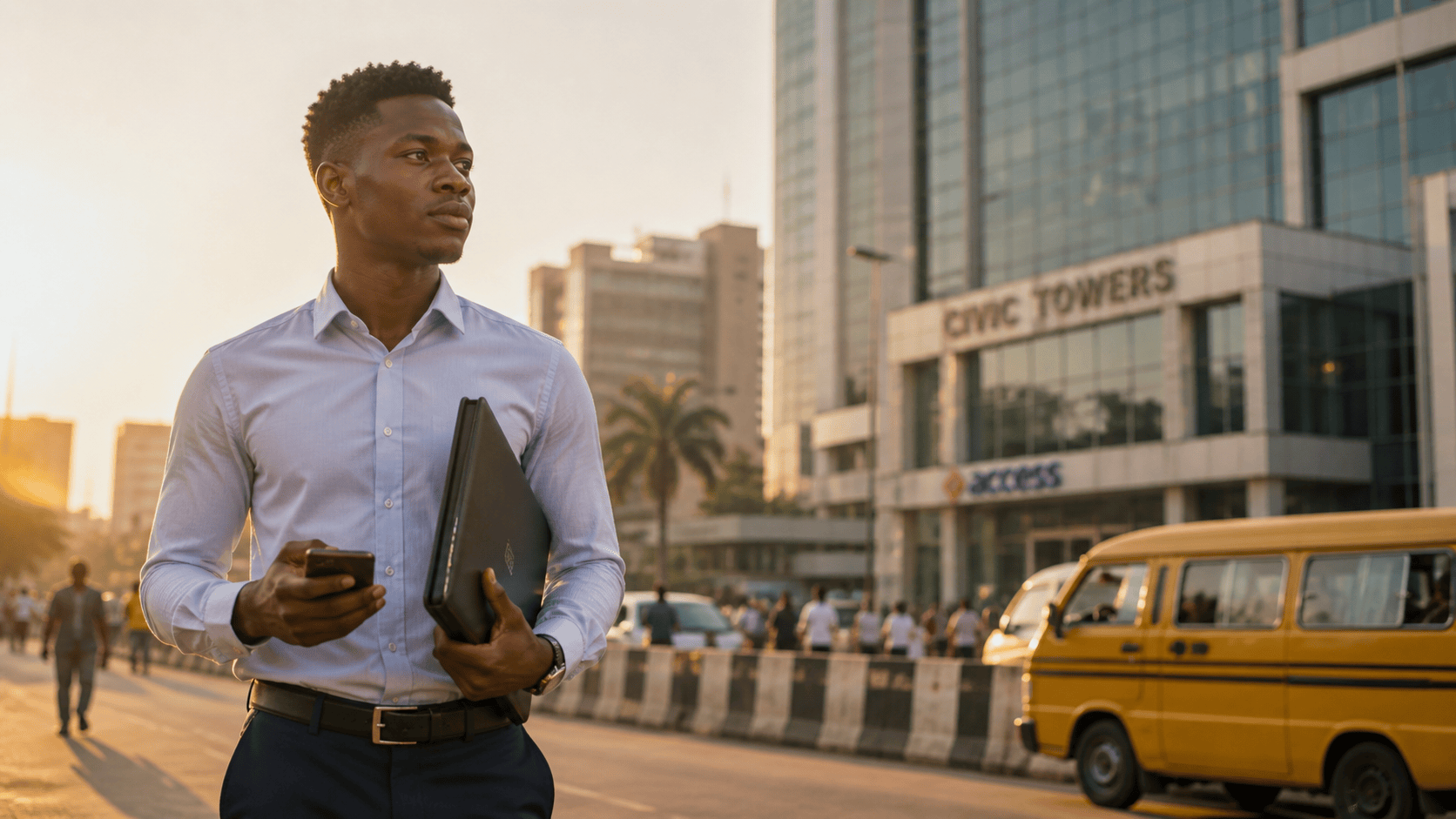 A determined young Nigerian student holding an internship application folder in a sunny Lagos street with a corporate building in the background.