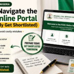 image for a Nigerian federal jobs blog post showing a laptop displaying the FCSC online recruitment portal, with bold headline text “How to Navigate the FCSC Online Portal (And Actually Get Shortlisted).” The scene includes a Nigerian flag, NIN card, checklist notebook, and visual callouts about registration, document uploads, avoiding disqualification, and aptitude test preparation.