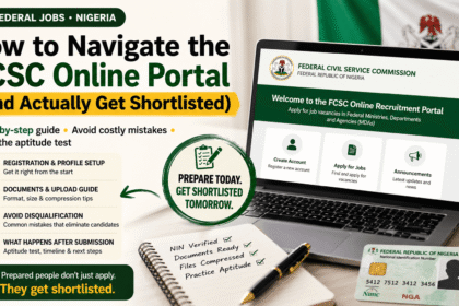 image for a Nigerian federal jobs blog post showing a laptop displaying the FCSC online recruitment portal, with bold headline text “How to Navigate the FCSC Online Portal (And Actually Get Shortlisted).” The scene includes a Nigerian flag, NIN card, checklist notebook, and visual callouts about registration, document uploads, avoiding disqualification, and aptitude test preparation.