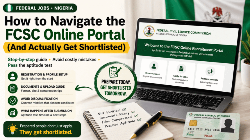 image for a Nigerian federal jobs blog post showing a laptop displaying the FCSC online recruitment portal, with bold headline text “How to Navigate the FCSC Online Portal (And Actually Get Shortlisted).” The scene includes a Nigerian flag, NIN card, checklist notebook, and visual callouts about registration, document uploads, avoiding disqualification, and aptitude test preparation.