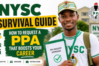 Young Nigerian NYSC corps member smiling in uniform while holding an approved PPA request letter, illustrating how to secure a career-boosting Place of Primary Assignment during service year.