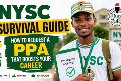 Young Nigerian NYSC corps member smiling in uniform while holding an approved PPA request letter, illustrating how to secure a career-boosting Place of Primary Assignment during service year.