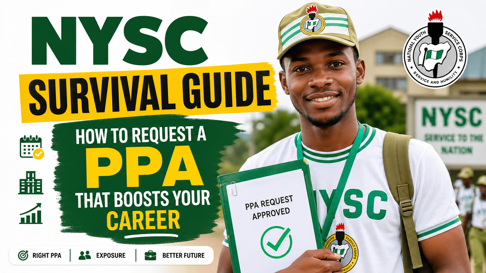 Young Nigerian NYSC corps member smiling in uniform while holding an approved PPA request letter, illustrating how to secure a career-boosting Place of Primary Assignment during service year.