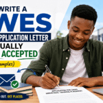 A confident Nigerian university student sits at a desk writing a SIWES placement application letter beside a laptop and study materials, with bold text reading “How to Write a SIWES Placement Application Letter That Actually Gets You Accepted.”