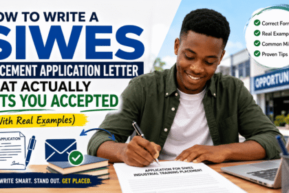 A confident Nigerian university student sits at a desk writing a SIWES placement application letter beside a laptop and study materials, with bold text reading “How to Write a SIWES Placement Application Letter That Actually Gets You Accepted.”