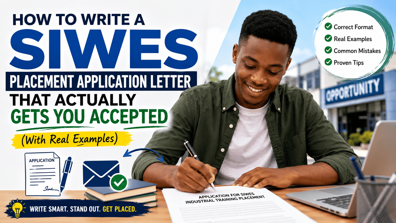 A confident Nigerian university student sits at a desk writing a SIWES placement application letter beside a laptop and study materials, with bold text reading “How to Write a SIWES Placement Application Letter That Actually Gets You Accepted.”