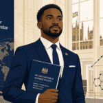 A Black professional standing confidently inside a modern UK government building, holding a policy document, surrounded by subtle science and innovation design elements