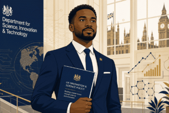A Black professional standing confidently inside a modern UK government building, holding a policy document, surrounded by subtle science and innovation design elements