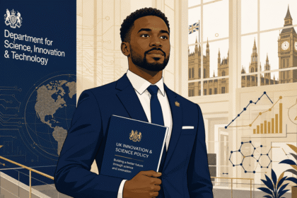 A Black professional standing confidently inside a modern UK government building, holding a policy document, surrounded by subtle science and innovation design elements