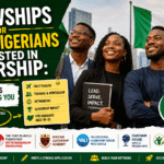 image showing four confident young Nigerian professionals and students standing together in front of a waving Nigerian flag and a modern city skyline.