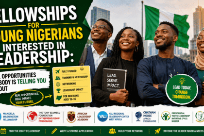 image showing four confident young Nigerian professionals and students standing together in front of a waving Nigerian flag and a modern city skyline.