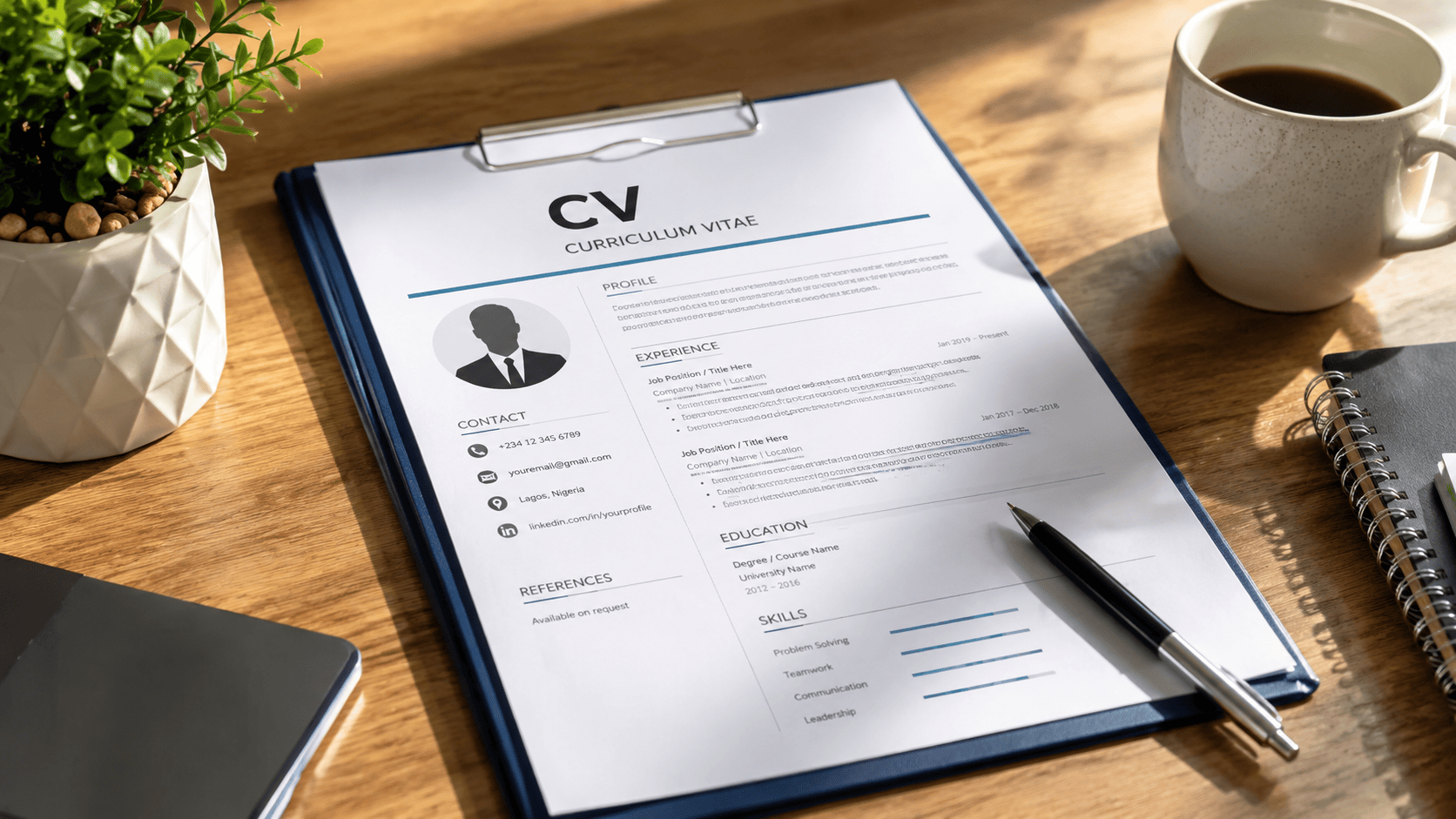 professional CV writing workspace in Nigeria featuring a clean modern resume on a clipboard, laptop, notebook, coffee mug, and pen on a wooden desk