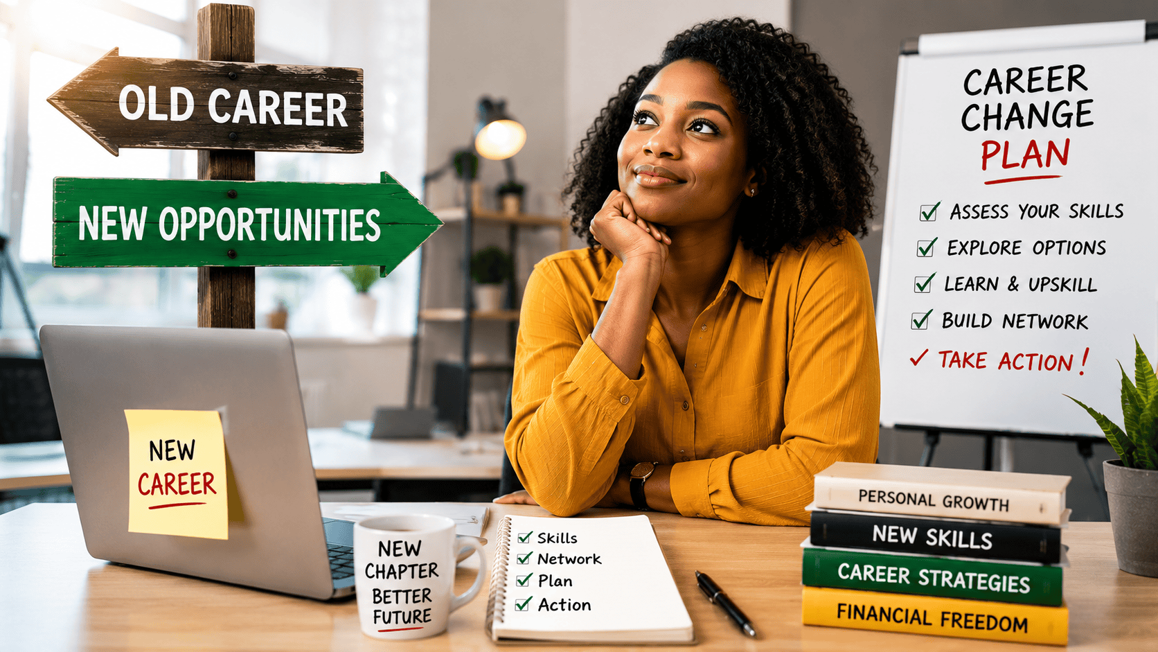 young African woman planning a career change in a modern workspace with a laptop, career growth notes, and motivational direction signs symbolizing switching careers and new opportunities in Nigeria.
