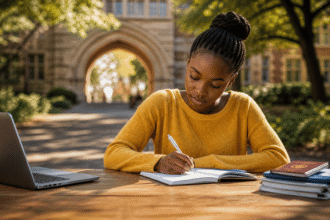 Smart Nigerian girl Outdoor study session in sunlight