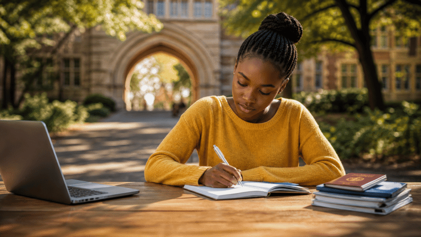 Smart Nigerian girl Outdoor study session in sunlight