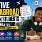 A determined young Nigerian international student studies at a desk with a laptop, passport, coffee cup, and notebook while surrounded by symbols of Canada, the UK, Germany, and Australia.