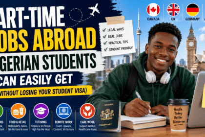 A determined young Nigerian international student studies at a desk with a laptop, passport, coffee cup, and notebook while surrounded by symbols of Canada, the UK, Germany, and Australia.