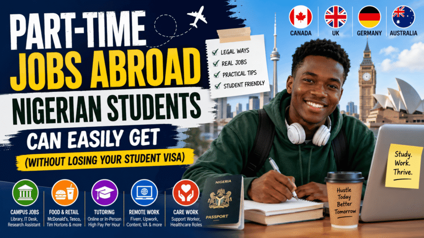 A determined young Nigerian international student studies at a desk with a laptop, passport, coffee cup, and notebook while surrounded by symbols of Canada, the UK, Germany, and Australia.