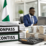 image showing a Nigerian federal government office desk with labeled CONPASS and CONTISS files, stacks of naira notes, calculator, and civil servants working in the background under the Nigerian flag, symbolizing promotions and salary structure in Nigeria.