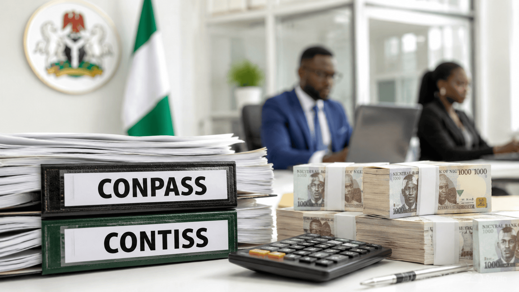 image showing a Nigerian federal government office desk with labeled CONPASS and CONTISS files, stacks of naira notes, calculator, and civil servants working in the background under the Nigerian flag, symbolizing promotions and salary structure in Nigeria.