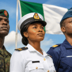 Three Nigerian military personnel standing side by side in Army, Navy, and Air Force uniforms with the Nigerian flag in the background under a bright blue sky, representing Nigerian Army, Navy, and Air Force recruitment 2026.