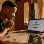 A young Nigerian student smiling at a laptop next to a WAEC certificate and a Nigerian passport, symbolizing scholarship success.