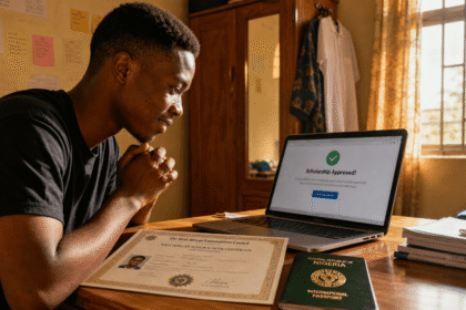 A young Nigerian student smiling at a laptop next to a WAEC certificate and a Nigerian passport, symbolizing scholarship success.