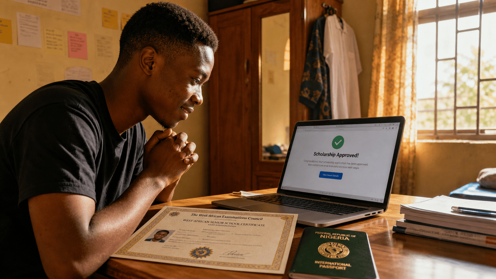 A young Nigerian student smiling at a laptop next to a WAEC certificate and a Nigerian passport, symbolizing scholarship success.