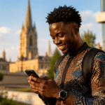 A young African graduate smiling at a laptop screen, symbolizing a successful fully funded scholarship application for a master's program abroad.