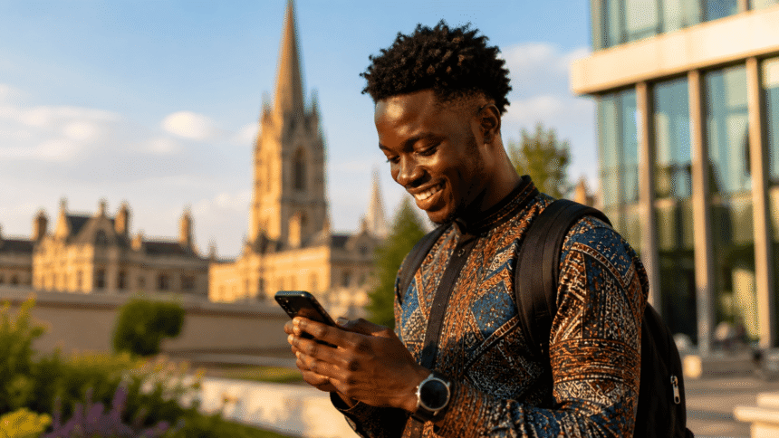 A young African graduate smiling at a laptop screen, symbolizing a successful fully funded scholarship application for a master's program abroad.