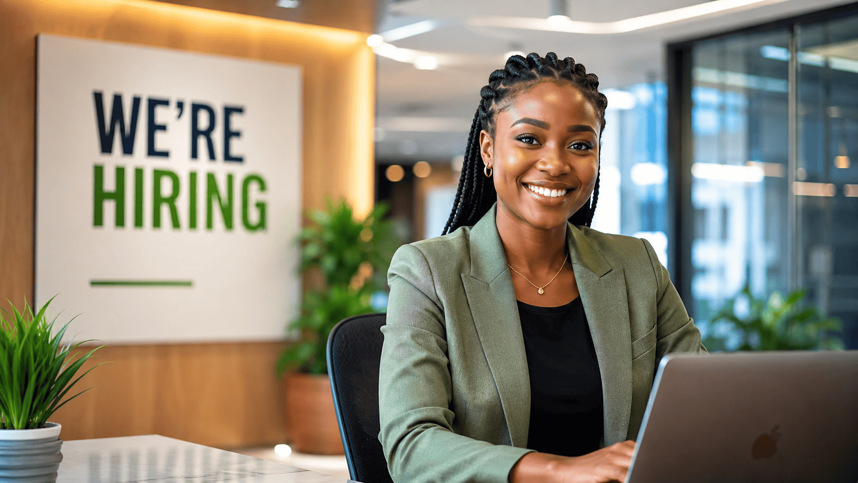 Professional young Nigerian woman smiling while working on a laptop in a modern corporate office with a “We’re Hiring” sign in the background, representing top companies hiring in Nigeria in 2026.