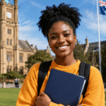Smiling Black female graduate student holding a folder on a university campus with historic sandstone buildings and an Australian flag in the background, representing the University of Melbourne Human Rights Scholarship 2026.