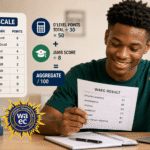 A Nigerian student smiling while reviewing a WAEC result sheet beside a colorful WAEC grading scale infographic showing A1 to F9 grades, admission points calculation, and JAMB aggregate formula on a study desk.