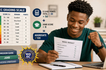 A Nigerian student smiling while reviewing a WAEC result sheet beside a colorful WAEC grading scale infographic showing A1 to F9 grades, admission points calculation, and JAMB aggregate formula on a study desk.