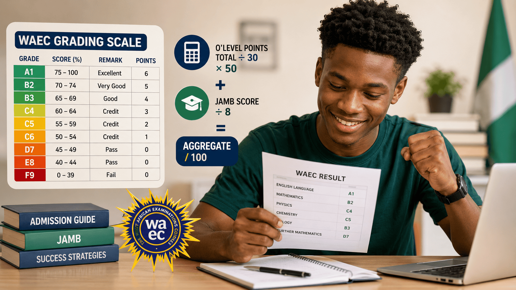 A Nigerian student smiling while reviewing a WAEC result sheet beside a colorful WAEC grading scale infographic showing A1 to F9 grades, admission points calculation, and JAMB aggregate formula on a study desk.