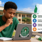 Focused Nigerian student checking JAMB admission cut-off marks on a laptop with university score requirements infographic and campus background.