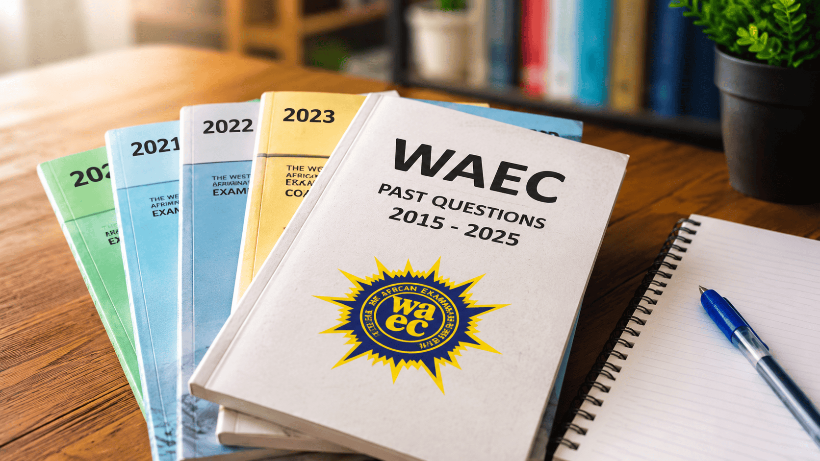 Students studying WAEC past questions and answers from 2015 to 2025 with exam booklets, notebook, and study materials on a wooden desk in a bright realistic learning environment.