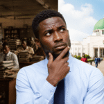 A thoughtful young Nigerian office worker standing between two contrasting scenes — a crowded, stressful government office and a bright modern Nigerian government building — symbolizing the pros and cons of working for the Nigerian government in 2026.